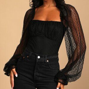 Lulus Call The Dots Black Dotted Mesh Long Sleeve Bodysuit | Size S